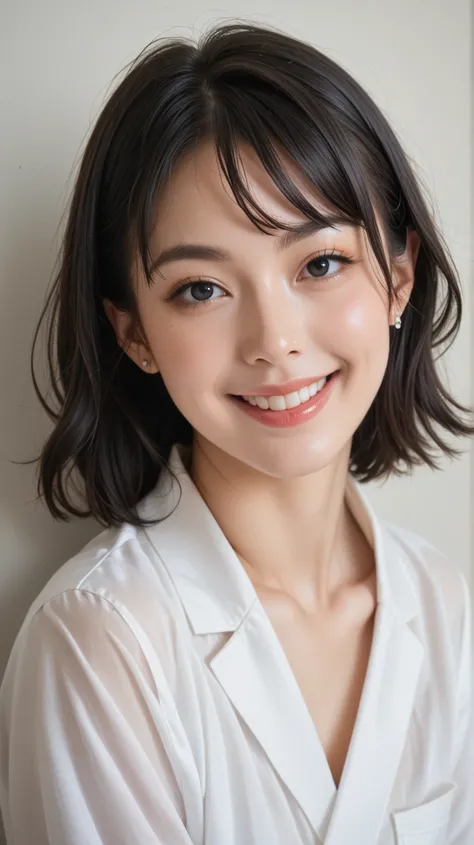 ultrahigh-res,best quality and best aesthetic,(film photography:1.2),film grain,film particles,grainy,cowboyshot,flash photography, a photo of a 20-year-old Japanese idol, solo focus, black hair, looking at viewer, smile,mascara,black eyes,shorthair, eye s...