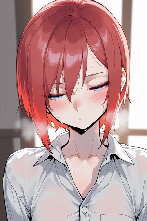 masterpiece, best quality,  expressionless, 1girl, solo, red hair, short haircut, blue eyes, expressionless, blush, half opened eyes, steamsweat, heavy breathing, dress shirt, jean
