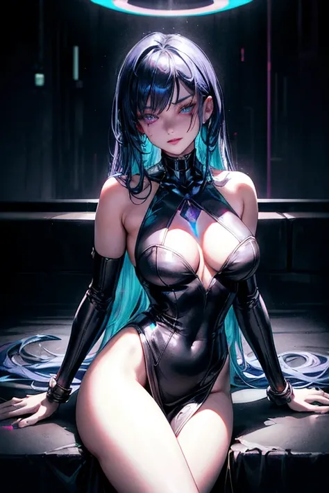 A cyberpunk noir scene bathed in neon lights. A seductive and enigmatic courtesan reclines on a sleek velvet divan in a high-end lounge, surrounded by holographic advertisements and deep shadows. Her iridescent skin glows under the flickering neon—shifting...