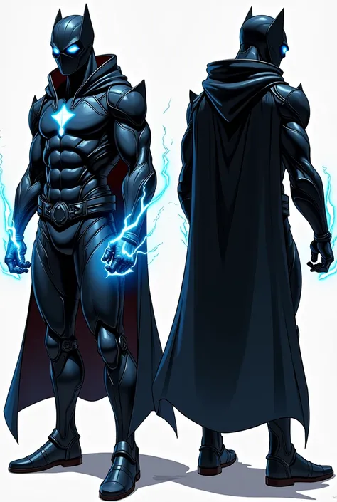  masked vigilante character in a sleek, black high-tech suit with glowing blue accents. The suit is form-fitting with subtle armor-like details, and blue lightning pulses around his hands. His long hair flows beneath a short, cape-like hood. He is shown in...