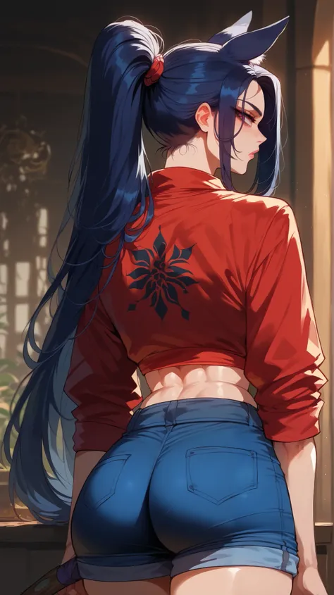 Psylocke style ,  perfect eyes,  perfectly sexy face , ultra detailed,  ultra perfect eyes, hair tied like a ponytail ,  horse ears , Ponytail on the back,  big beautiful woman ,  rear view , dark blue shorts, Body,  looking at the spectator,