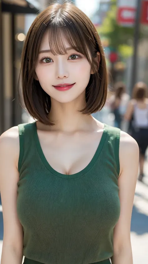  Shopping Street : ((tight emerald green sleeveless shirt)), denim shorts ,  top quality, shape, 非常に Details,  Details,  high resolution,  8k wallpapers,   perfect dynamic composition  , beautiful details,   Natural Lips, Tight Sleeveless T Shirt ,  can se...