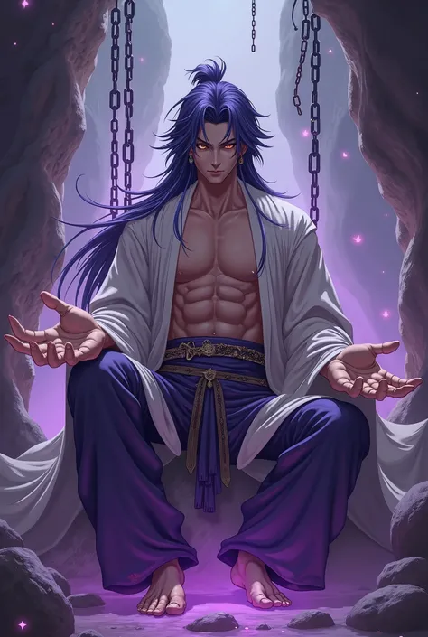 A fantasy character base on Chinese anime and genshin impact. A powerful handsome youth man with a long satin hair wearing a slightly open robe exposing his chest, multiple chained in both hands as well as the body, sitting in a cave arrogantly with a ligh...