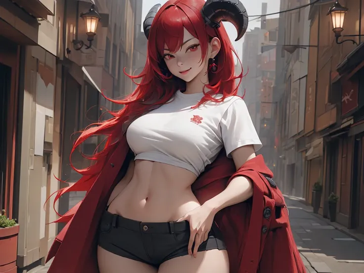 (masterpiece, best quality, high quality, highres:1.4), extremely detailed, ambient soft lighting, 4K, Original Character Portrait Of a Stunningly Beautiful Girl Succubus, Horns Red Hair Petite build Slutty Alluring Eyes Clean Hair Devious Smile Open Mouth...