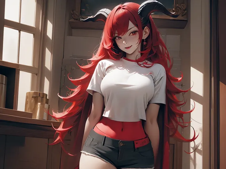 (masterpiece, best quality, high quality, highres:1.4), extremely detailed, ambient soft lighting, 4K, Original Character Portrait Of a Stunningly Beautiful Girl Succubus, Horns Red Hair Petite build Slutty Alluring Eyes Clean Hair Devious Smile Open Mouth...