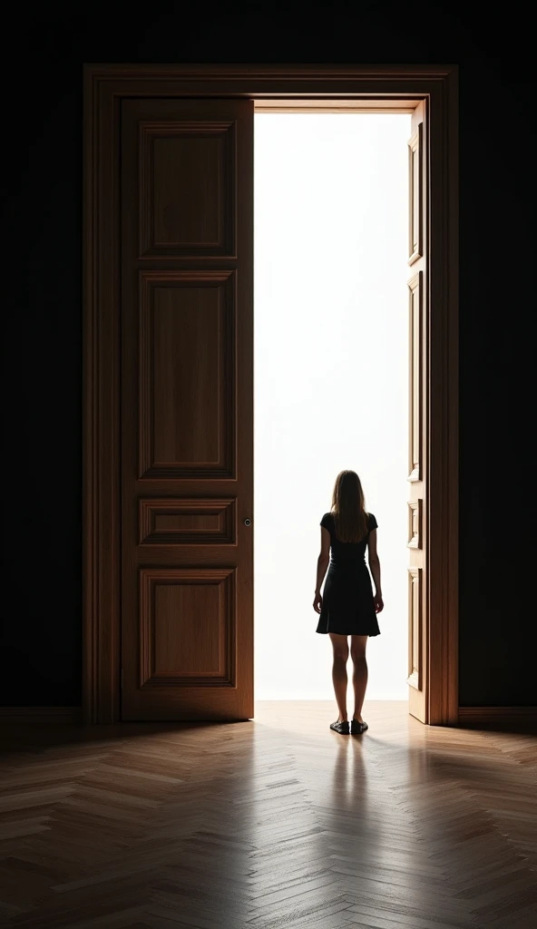 " A large wooden door slightly ajar ,  letting in an intense white light . in the shade, une silhouette humaine hésite devant l’ouverture,  as if ready to cross the threshold , mais encore incertaine. The atmosphere is mysterious ,  symbolizing the passage...