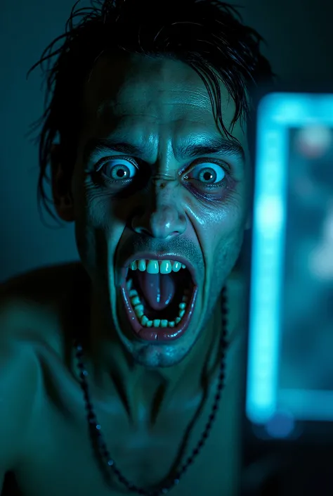 "A close-up of a deranged face illuminated by the cold, bluish glow of a computer monitor. The figure's bloodshot eyes are unnaturally wide, with dilated pupils that seem to consume their irises. Their twisted grin reveals jagged, uneven teeth, while beads...