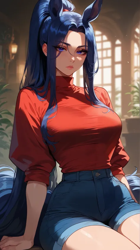 Psylocke style ,  perfect eyes,  perfectly sexy face , ultra detailed,  ultra perfect eyes, hair tied like a ponytail ,  horse ears ,  big beautiful woman , sitting, dark blue shorts, Body,  looking at the spectator,