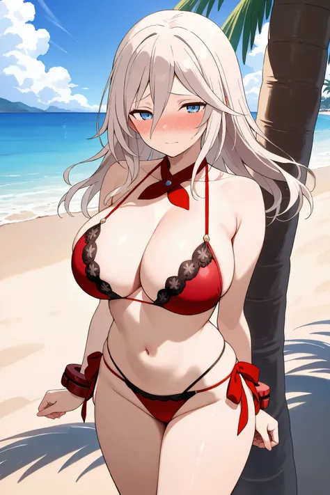 NSFW, Masterpiece, top quality, high resolution, very detailed, Alisa Ilinichina Amiera, long hair、Grey-white hair、blue eyes、 red GE bracelet 、 big breasts,Embarrassed,blush,red halter bikini, high leg bikini,Lace Bikini,ribbon,beach, palm trees