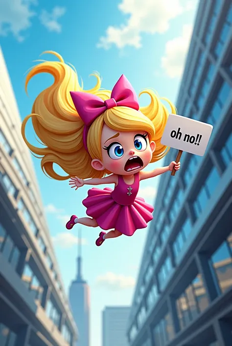 a beautiful blonde toon girl with a pink dress and a big pink bow on her head holds a white sign reading "Oh no!!!" while falling off a skyscraper with a scared expression.