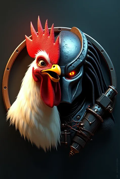 Create a hyper-realistic 16K image for a circular logo, featuring a Pixar-style rooster on the left side and the upper half of a terrifying alien warrior inspired by the Predator on the right side. The rooster should have exaggerated features with a styliz...