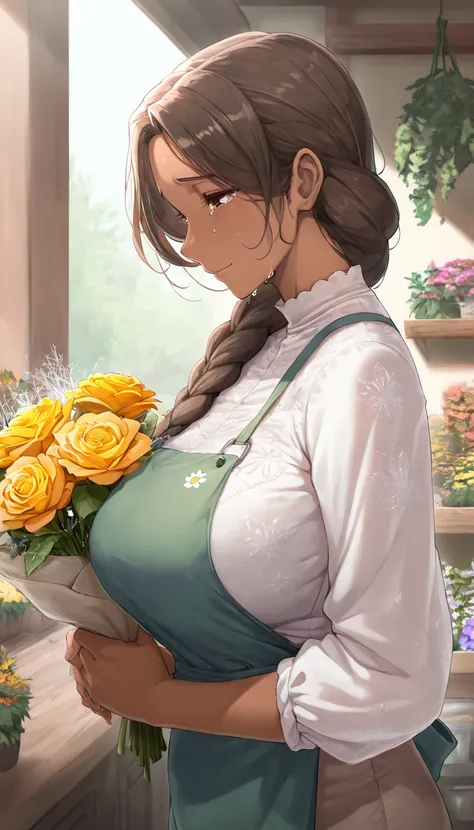 ((masterpiece)), ((best quality)), (detailed), 1girl, ((mature woman)), ((Perfect limbs)), side view, long braids hairstyle, brown hair, brown eyes, light silk shirt, florist apron, ((dark skinned female)), BREAK, florist shop, sunny day, holding bouquet o...