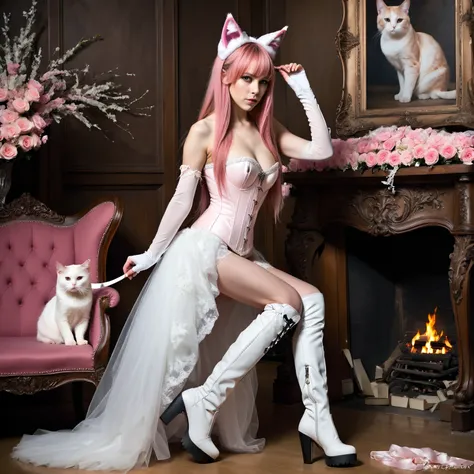  1 girl,  slim ,  pink straight long hair, zopf , Cat ears,  masterpiece ,  anatomically correct  , UHD,  Super detailed , further away , knee-high boots, long arm warmers , wedding dress corset ,  realistic  , hut,,  small breasts,  View creator; 
