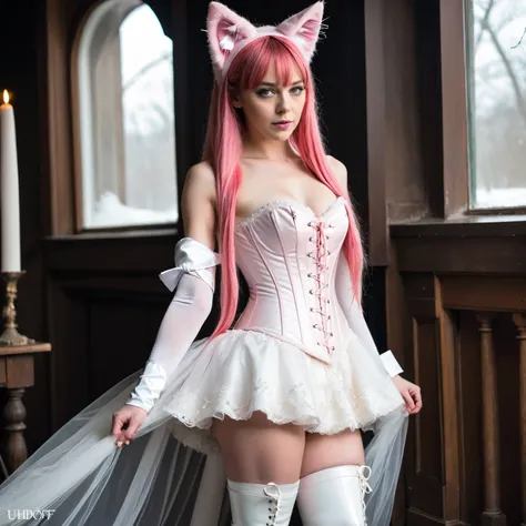  1 girl,  slim ,  pink straight long hair, zopf , Cat ears,  masterpiece ,  anatomically correct  , UHD,  Super detailed , further away , knee-high boots, long arm warmers , wedding dress corset ,  realistic  , hut,,  small breasts,  View creator; 
