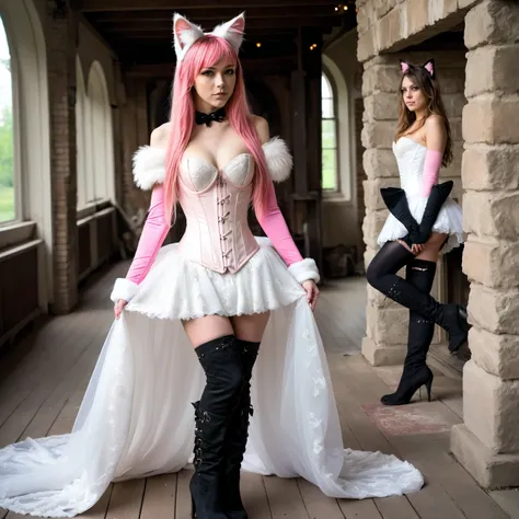  1 girl,  slim ,  pink straight long hair, zopf , Cat ears,  masterpiece ,  anatomically correct  , UHD,  Super detailed , further away , knee-high boots, long arm warmers , wedding dress corset ,  realistic  , hut,,  small breasts,  View creator; 
