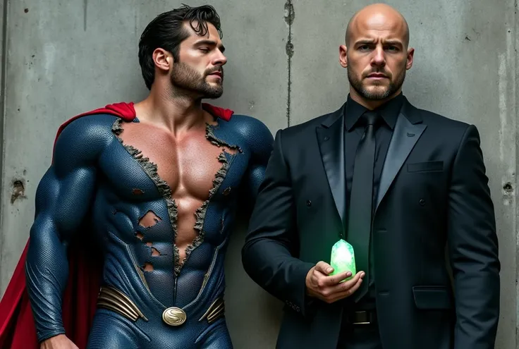 Portrait-style image featuring two men in a outdoor place. The man on the left is ericjanicki, wearing blue, form-fitting Superhero suit with a red cape, resembling Superman, his chest and left shoulder is tattered and torn revealing his bare skin, leaning...