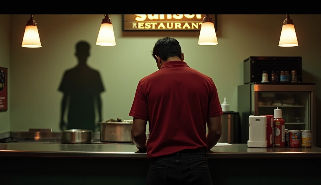 The owner of 'Sunset Restaurant,' a man with short dark hair, dressed in a red polo shirt and black pants, stands behind the polished counter, focused on his work. His hands rest on the counter as he looks down, unaware of the looming presence behind him. ...