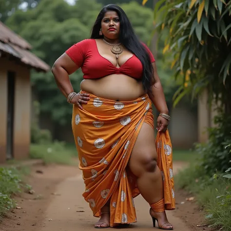 Indian extreme plus size chubby fat busty dark skinned wide woman with dusty face with large breast and large fat curvey figure and wide shoulder and long hair and wearing red deep neck tight fitting blouse with displaying cleavage and display navel and fa...