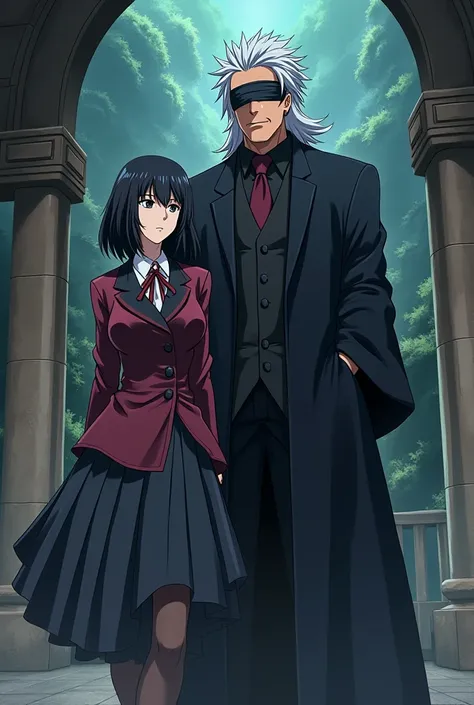 Jujutsu Kaisen animation: Satoru Gojo with a black-haired woman wearing a jujutsu school uniform 