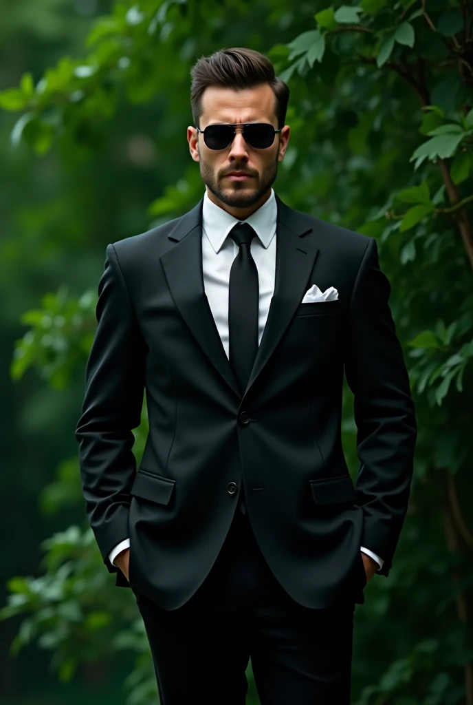 men in elegant suit with black sun glasses stands in green background