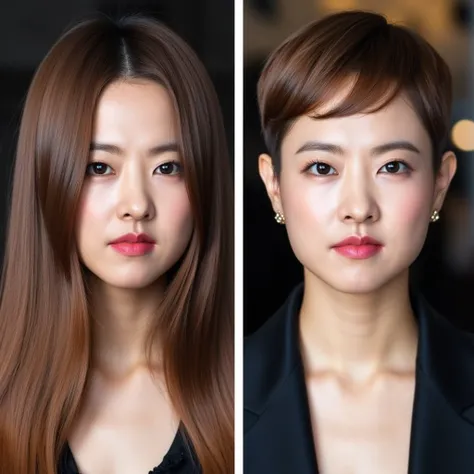  A diptych before-and-after haircut transformation style in a hair salon with a diva-like arrogant aura.  It is a side comparison , That highlights .  Long waist-length hair ,  natural-looking hair on the left .  A carefully very extremely short pixie high...