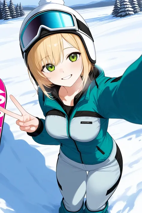  Beautiful blonde girl ,  selfie from above ,  beautiful smile ,  Peace sign with hand ,  in the snow,  snow helmet with ski goggles ,  green eyes, close-fitting open neck black thermal clothing, open fitted thermal jacket , snow jogger pants ,  Snowboard ...