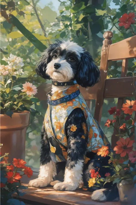 There is a black and white dog wearing a vest and sitting on a wooden bench next to a flower pot,Black and white toy poodle with schnauzer pattern、  full of flowers, Beautiful environment,  looking towards the camera ,  fleur fur ,  Clear Days , Under the ...