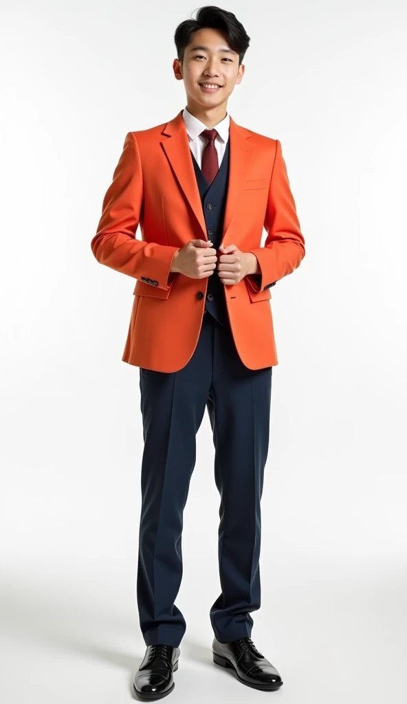 An Chinese Boy 18 year old stand confidently on a modern . He is wearing a bright suit jacket +vest . His face is clearly visible and shortly smile expressive despite . The man while looking directly at the camera. Simple white background
