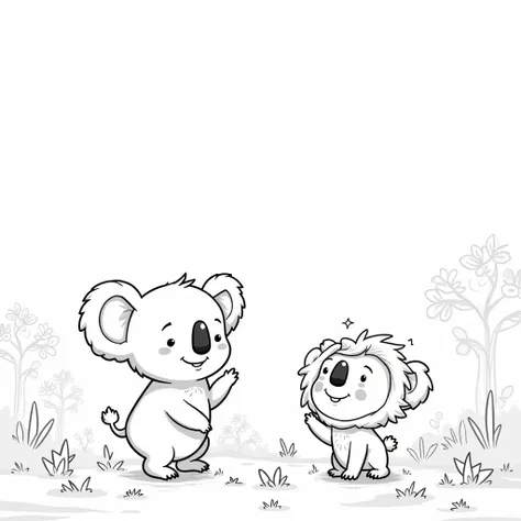 CREATE CARTOON IMAGE OF TWO KOALA BEARS IN THE DEER WITH THEIR LITTLE LION FRIEND. BLACK AND WHITE IMAGE.