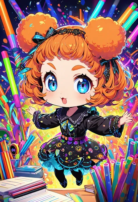 ultra detailed, absolutely resolution, masterpiece. 
cute chibi girl, orange afro hair, round eyebrows, droopy eyes, rabbit lips, gothic dress, dancing with glow sticks in both hands, background on a study desk. fusion of pop art and psychedelic art