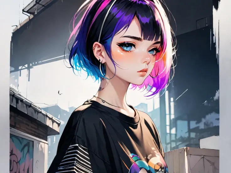 1 girl, solo, arm tattoo, shirt, black eyes, looking at viewer, black shirt, tattoo, closed mouth, collar, earrings, multi-colored hair, upper body, pointed, from below, short hair, floating hair, t-shirt, frowning, listening to music from headphones, medi...