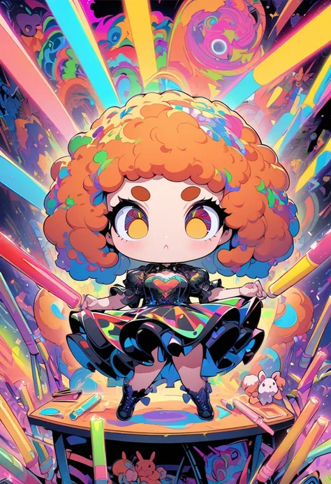 ultra detailed, absolutely resolution, masterpiece. 
cute chibi girl, orange afro hair, round eyebrows, droopy eyes, rabbit lips, gothic dress, dancing with glow sticks in both hands, background on a study desk. fusion of pop art and psychedelic art