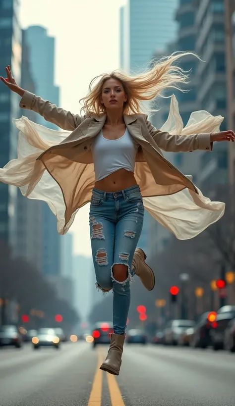 A fashionable blonde woman with a European look leaps into the air, her **distressed jeans and modern boots** adding an urban edge to her ethereal style. **Dozens of sheer veils** swirl around her, lifted by the wind, creating a contrast between raw street...