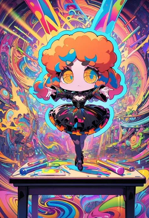 ultra detailed, absolutely resolution, masterpiece. 
cute chibi girl, orange afro hair, round eyebrows, droopy eyes, rabbit lips, gothic dress, dancing with glow sticks in both hands, background on a study desk. fusion of pop art and psychedelic art