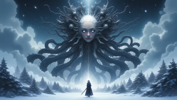 Masterpiece, Top Quality, Retina, Snowy Scenery, (One woman with a big sword, one man and one panda beastman, white breath, tattered armor and cloak and robe, the two and one are side by side), Do not be afraid, (Great despair and small hope), (Despair tha...