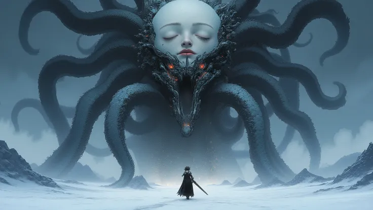 Masterpiece, Top quality, Retina, Snowy scenery, (One woman with a big sword, one man and one panda beastman, white breath, tattered armor and cloak and robe, the two and one are side by side), Do not be afraid, (Great despair and small hope), (A strangely...