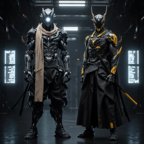 Depicts these two males androids, Misu and Rohan:
MISU: Height: 6'8 (Misu is one head taller than Rohan), with a commanding, statuesque presence.
Head: A metallic, helmet-like structure with intricate designs and a single, glowing camera eye in the center....