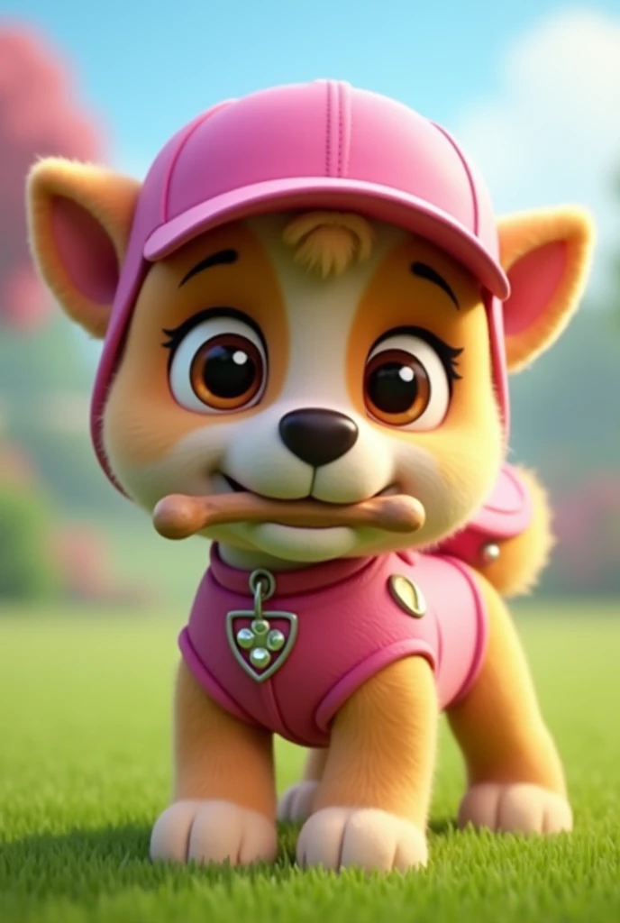 SKYE PAW PATROL PUPPY WITH BONE IN MOUTH AND PINK CAP