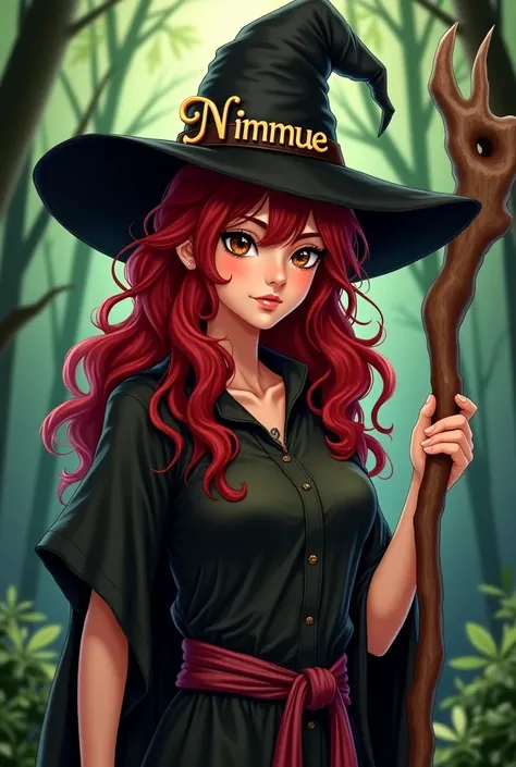  Drawn image of a young adult woman ,  with wavy hair and a very dark red color , bulky and somewhat plump body .  She has dark brown eyes and slightly tan skin.  She is a witch-druid healer ,  wearing a black witch's hat and a magic wooden staff .  His na...