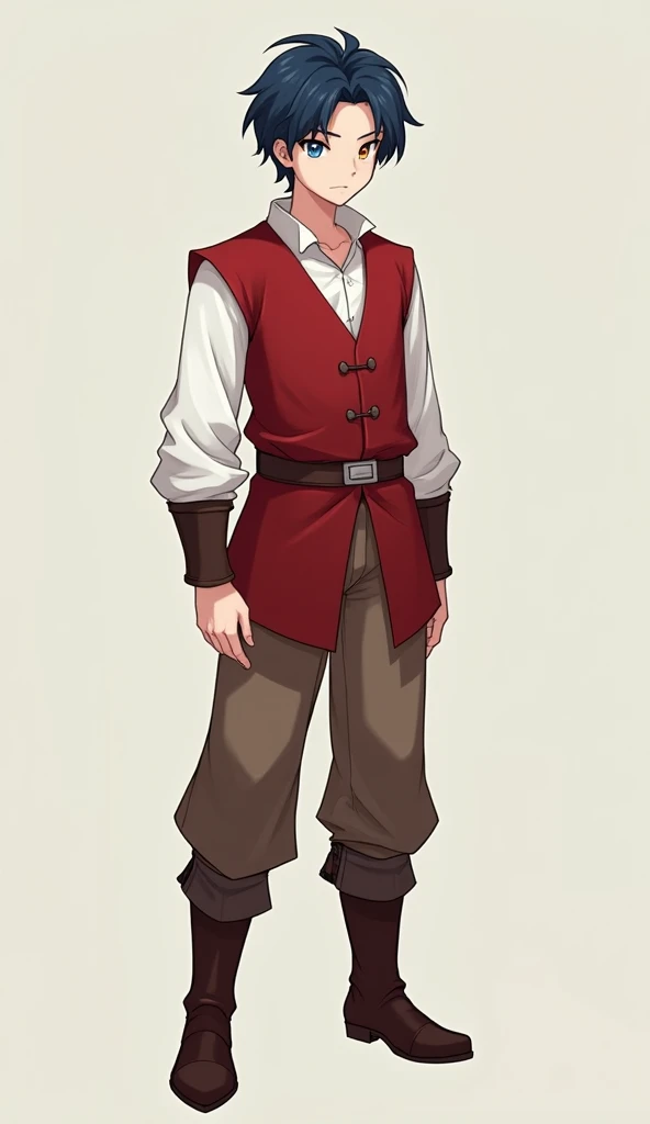  ADULT human messenger of a height of 1.7 M. White-skinned, adult and thin, short dark blue hair brushed backwards .  He wears a white long-sleeved shirt , red vest closed by buttons, The vest is fastened by a belt,  brown pants, and brown boots.  his righ...