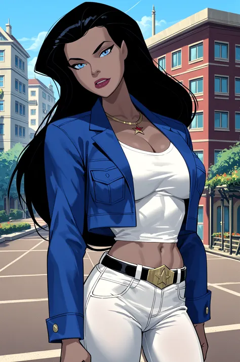 PonyXLV6_Scores BREAK ((parody), perfect anatomy, perfect eyes, cowboy shot), BREAK diana prince, long hair, black hair, blue eyes, lipstick, dark-skinned female, flirting, raised eyebrow, ((looking at viewer)), necklace, jewelry, blue jacket, cleavage, wh...