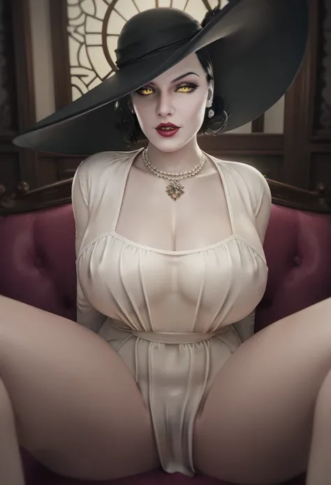 (masterpiece, best quality:1.4), insaneres, absurdres, solo, looking at viewer,BREAK 
GAME_REvilVill_LadyDimitrescu_whitedress_ownwaifu,
1girl, pale skin, (grey skin), colored skin, pearl necklace, black hair, short hair, yellow eyes, colored sclera, matur...