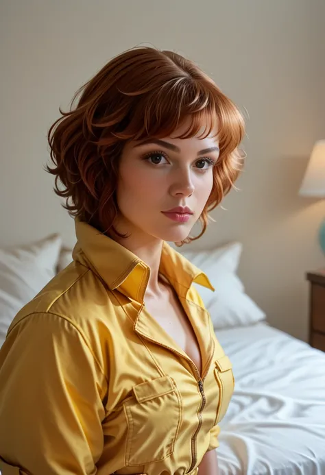 a woman (April ONeil) wearing a yellow jumpsuit, jumpsuit is wide open, leis on the bed, sensual, erotic, beautiful detailed eyes, beautiful detailed lips, extremely detailed face, long eyelashes, photorealistic, 8k, masterpiece, hyper detailed, ultra-real...