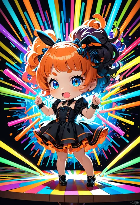 ultra detailed, absolutely resolution, masterpiece. 
cute chibi girl, orange afro hair, round eyebrows, droopy eyes, rabbit lips, gothic dress, dancing with glow sticks in both hands. 
background on a study desk. 
fusion of pop art and psychedelic art, var...