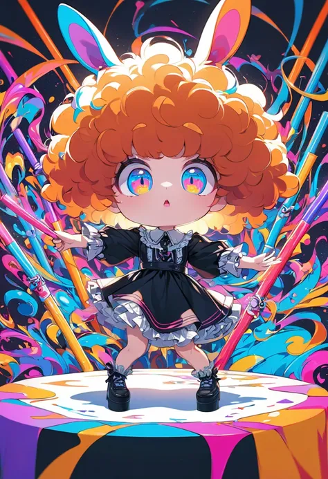 ultra detailed, absolutely resolution, masterpiece. 
cute chibi girl, orange afro hair, round eyebrows, droopy eyes, rabbit lips, gothic dress, dancing with glow sticks in both hands. 
background on a study desk. 
fusion of pop art and psychedelic art, var...