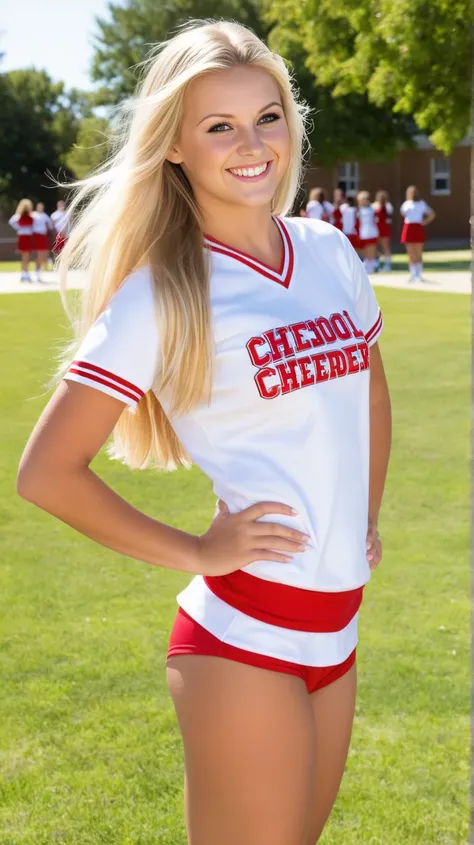 Smiling cheerful high school cheerleader girl with very long down loose blonde hair down to her hips in a school yard on a hot sunny summer day 