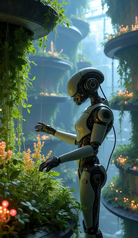 A robot gardener tending to bioluminescent alien plants in a hanging garden on a space station