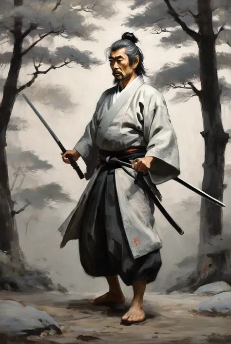 Recreate a wise and disciplined old Miyamoto Musashi ,  with pastel paint and flowing lines,  in black and white