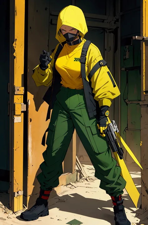 Full body image, make a survival game female character and make it 4k UHD anime character, make it ultra hd 4k, rolled up sleeve zipped down dark green trackssuit top with big raised collar with yellow domino mask, yellow headtie, yellow t shirt underneath...