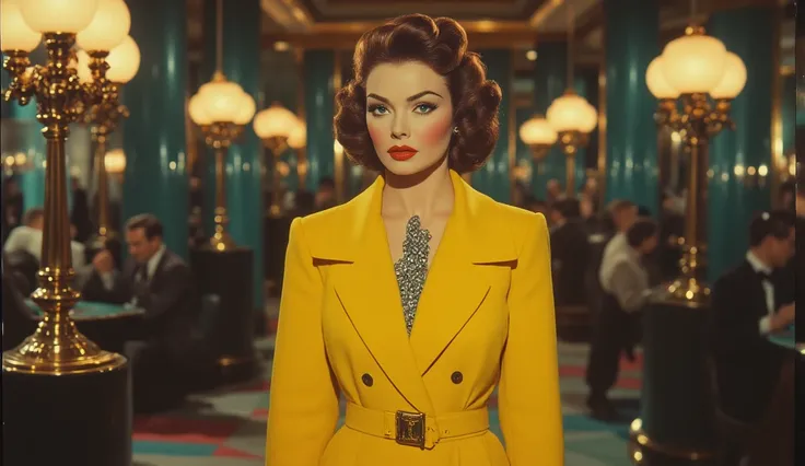 Lauren Bacall as Beatrix do, dressed in a yellow sleek trench coat, stepping into a glamorous 1950s casino, her revolver hidden beneath her coat, ready for confrontation.